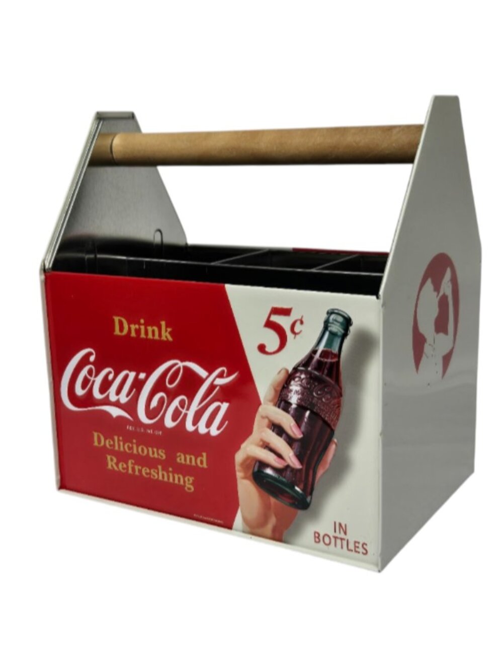 Coca-Cola Co Retro Metal 6 Bottle Carrier Caddy Wooden Handle Tin Box NEW